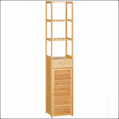 Grande armoire de salle de bain en bambou avec tiroir, tablettes à lattes et porte à persiennes pour un rangement spacieux et une esthétique moderne