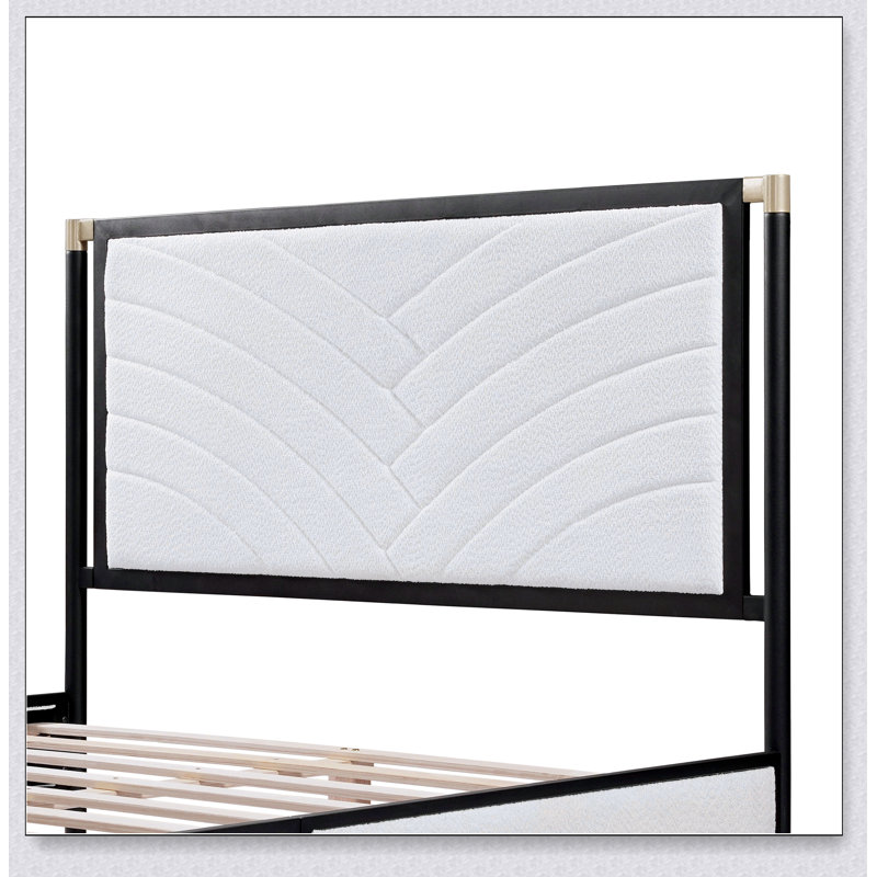 Lit avec tête de lit en tissu blanc, cadre argent champagne et noir