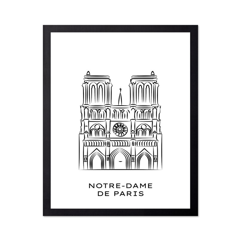 Esquisse de la cathédrale Notre-Dame, H 16 po x l 20 po, Affiche, Cadre noir