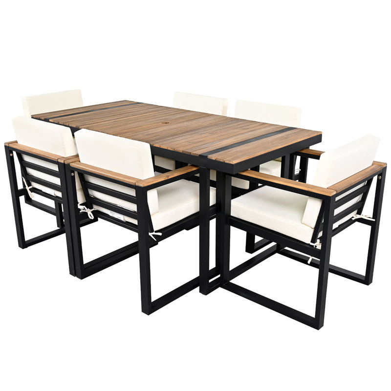 7 Pieces Outdoor Dining Set Patio Dining Table And Chair Set With And Removable Cushions For Patio, Backyard, Garden, Beige