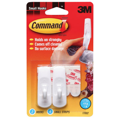 Set of 2 white small adhesive hooks with 4 strips