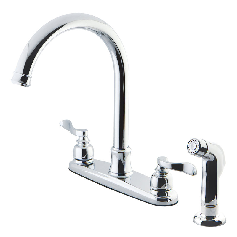 Robinet de cuisine central à 4 poignées et 4 trous 8 po avec douchette latérale Kingston Brass NuWave, Chrome poli