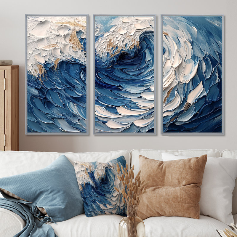 Daijanay - Ensemble d'art mural vagues côtières, Encadrement argenté, H 32 po x l 48 po x P 1 po