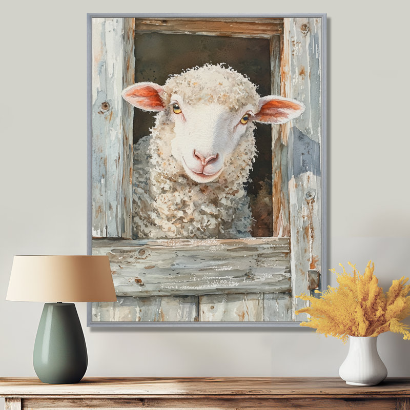 «Doralynn Cute Sheep Portrait At The Farm - Sheep», reproduction sur toile, Argent argent, Impression encadrée flottante