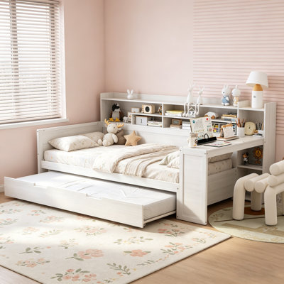 Lit de jour simple en bois avec tablettes de rangement, lit multifonctionnel avec lit gigogne et bureau, blanc antique