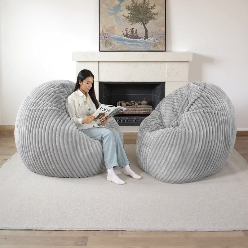 Oversized Large Round 5 Foot Giant Foam Filled Faux Rabbit Fur Bean Bag Sofa with Soft Removeable Cover, Grey 