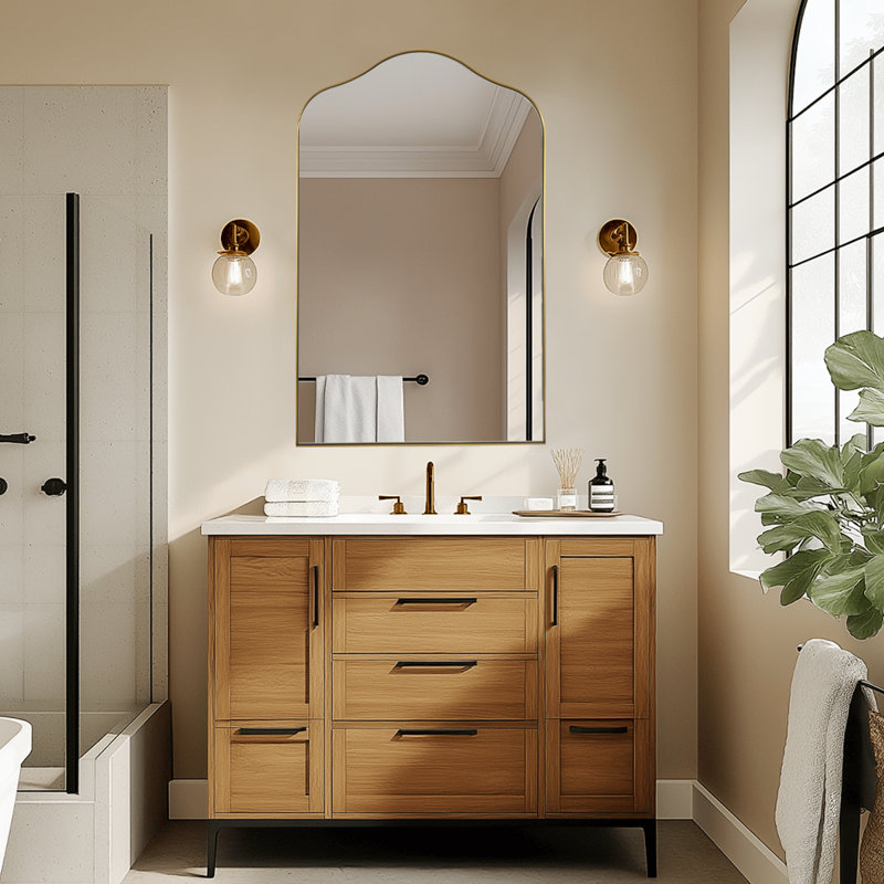 Aremi Contemporary Scalloped Arch Top Bathroom Vanity Mirror | Stainless Steel Frame, Brushed Gold, 30" x 20"