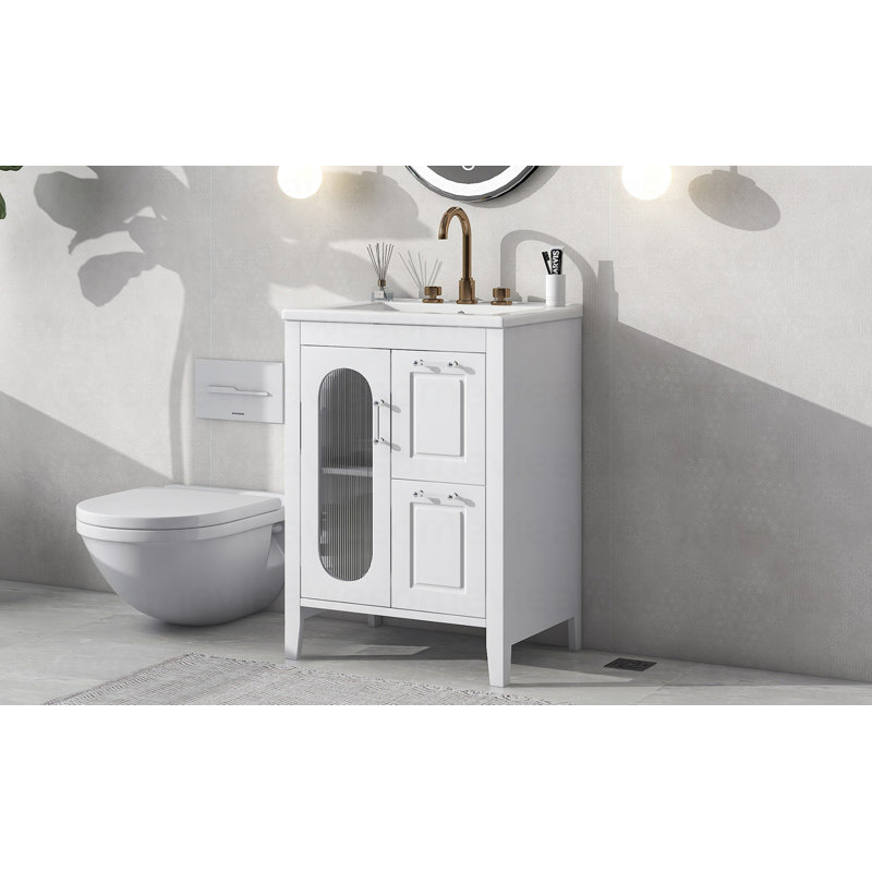 Meuble-lavabo 24 po avec lavabo, meuble-lavabo avec deux tiroirs et porte, tablette réglable, bois massif et panneau de fibres à densité moyenne, blanc