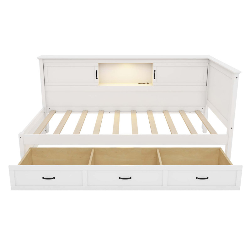 L-Shaped Bed Frame With Drawer And And Bookcase,Corner Bed Wooden Captain Bed With Led Downlight And USB Port For Small Room,Bedroom, Guest Room