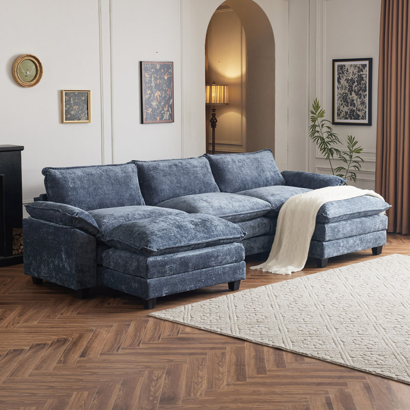 Latitude Run® 3-Seat Sectionals With 2 Ottoman, Gray Blue Chenille