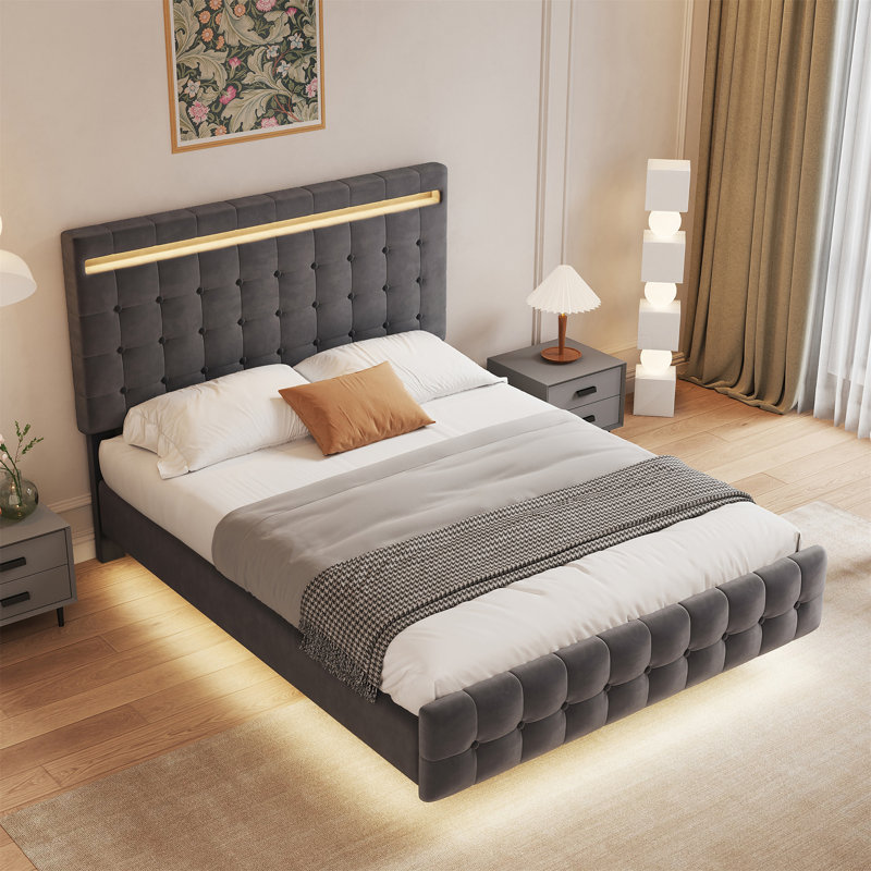 Floating Bed Frame Queen Size With LED Lights