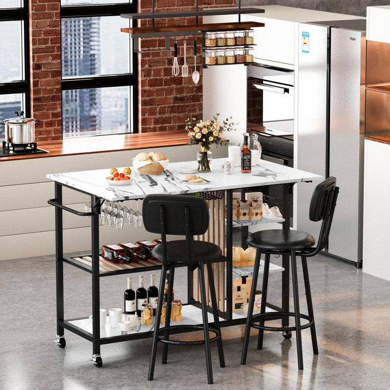 3-Piece Dining Table Set For Kitchen Breakfast Nook, Bar Table Set With Storage And Wine Shelves, With Counter Height Faux Marble Table And 2 Stools, Space Saving Bar Table And Chairs Set For Dining Room