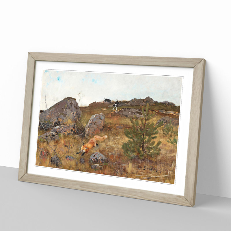 Fox and Hunting Dogs Vol.2 by Bruno Liljefors - Picture Frame Painting, 27cm H x 36cm W x 2cm D, Oak Framed