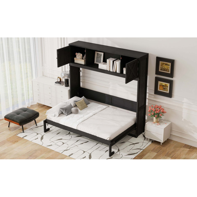 Grand lit escamotable avec armoires de rangement, Noir