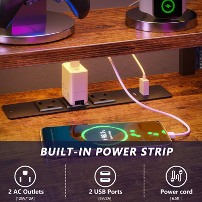 66 Inch L-Shaped Computer Desk with LED Lights, Power Outlets, Drawers & Printer Stand, Convertible Gaming Desk