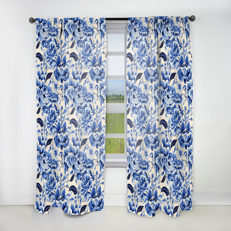 Cobalt Fretwork Victorian Pattern I - Bohemian Curtain - Velvet Room Darkening - 1 panel, 52" W x 90" L