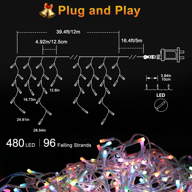 Guirlande RVB multicolore scintillante pour l'extérieur, télécommande 43 modes, 480 lumières DEL de 40 pi à DEL, préréglages des Fêtes, prise de courant
