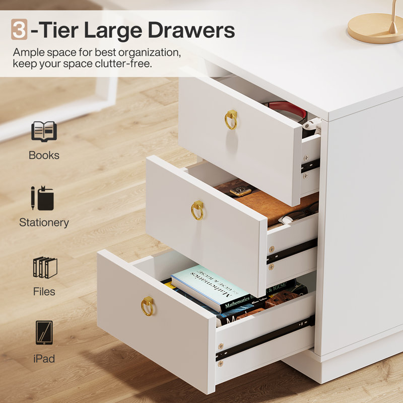 55" Computer Desk, Modern Home Office Desk with 3 Drawers, White