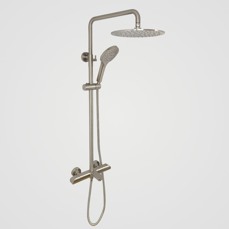 Zen Three Function Thermostatic Exposed Shower Pipe System With Round 10inc Rain Shower Head And 3 Functions Hand Shower And Tub Spout.