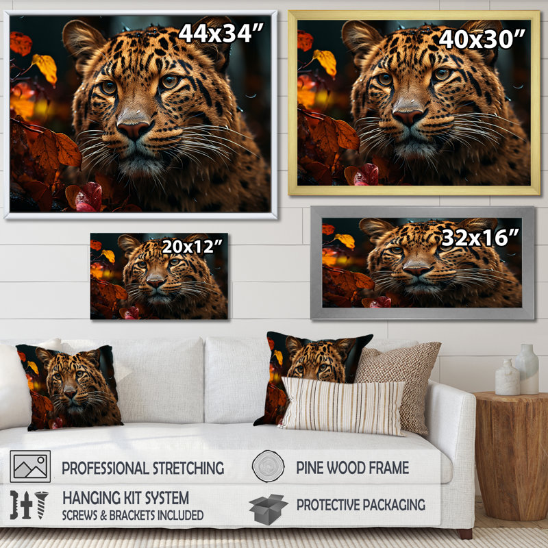 Photo de léopard en automne II - art mural léopard / guépard, H 12 po x l 20 po x P 1 po, Cadre d'angle fermé noir