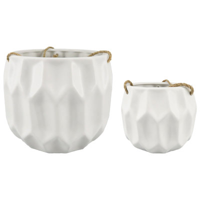 Set of 2 White Thumbprint Hanging Planters, 6"D, 8"D
