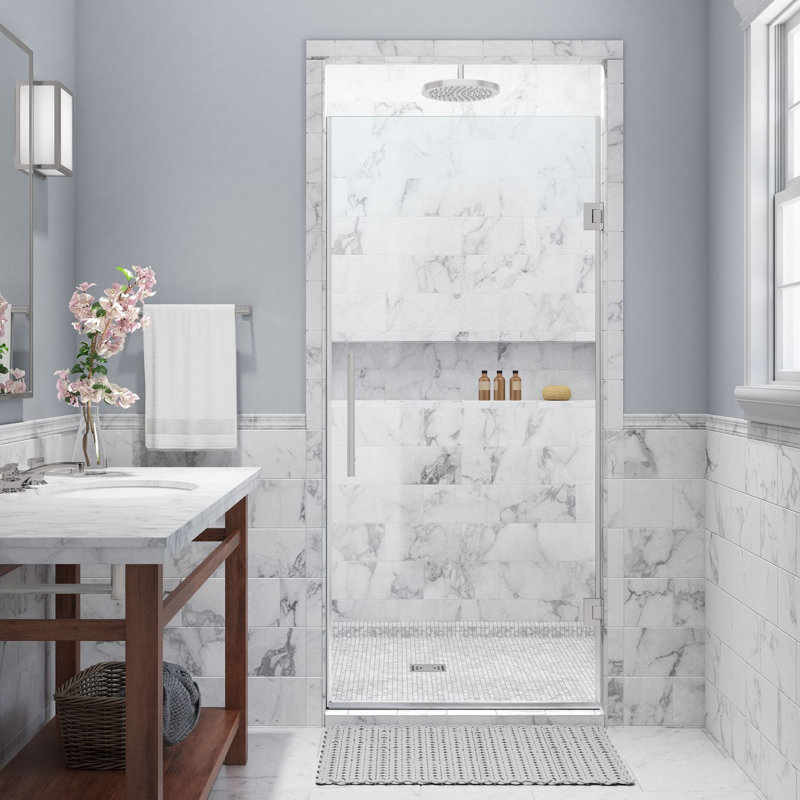 Kinkade 31.75" - 32.25" W x 72" H Hinged Frameless Shower Door, Stainless Steel