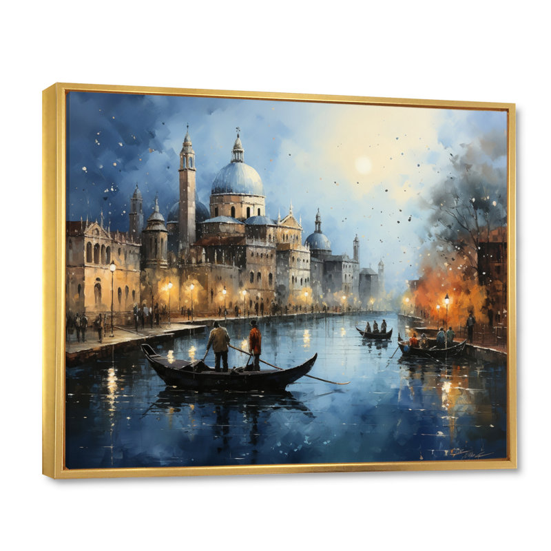 Gris sarcelle canal urbain Venise - imprimé, Cadre flottant doré, H 12 po x l 20 po x P 1 po