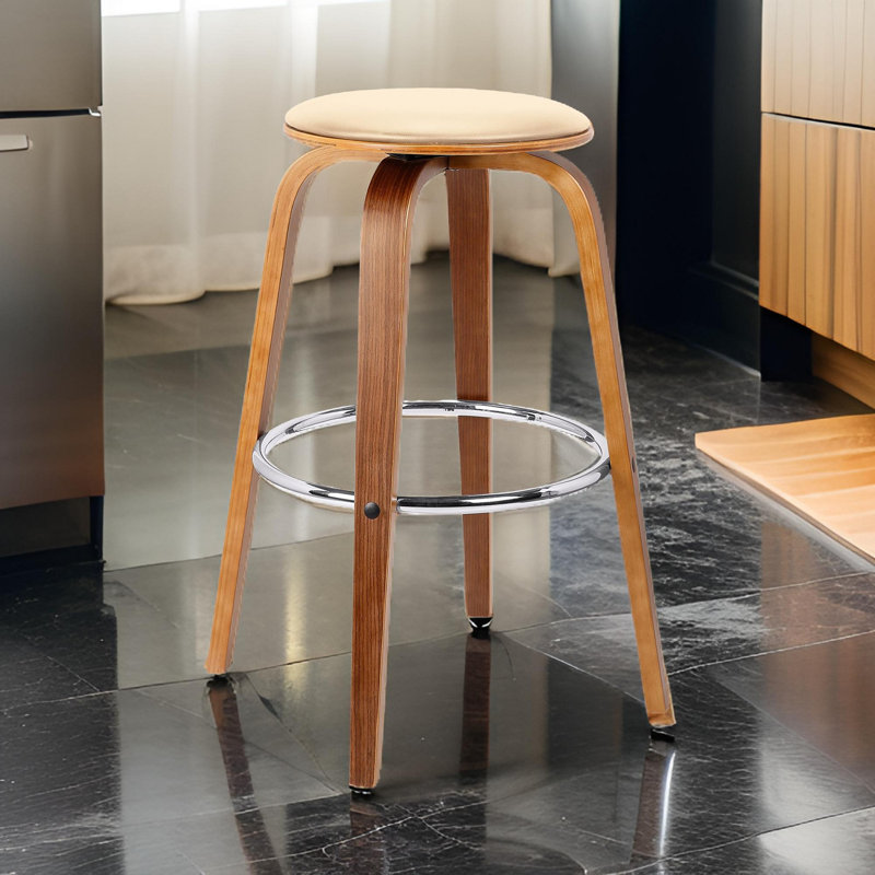 Zeno Mid-Century Modern Swivel Counter or Bar Height Backless Bar Stool in Faux Leather, Wood, Cream Seat/ Brown Frame