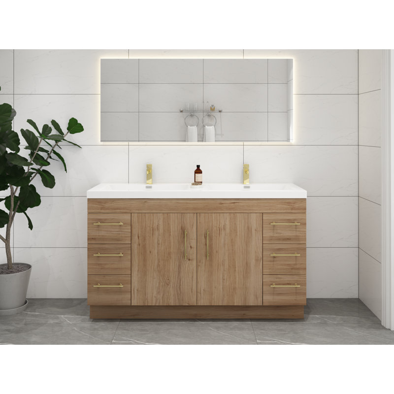 Ensemble de meuble-lavabo double 60 po Carliss, Naturel / chêne, Or