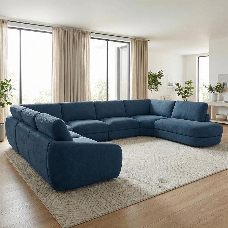 Upholstered Two-color Chenille 7-piece Large Corner Sectional, Slope-Armrest & Curved Chaise, Eclispe Blue Chenille