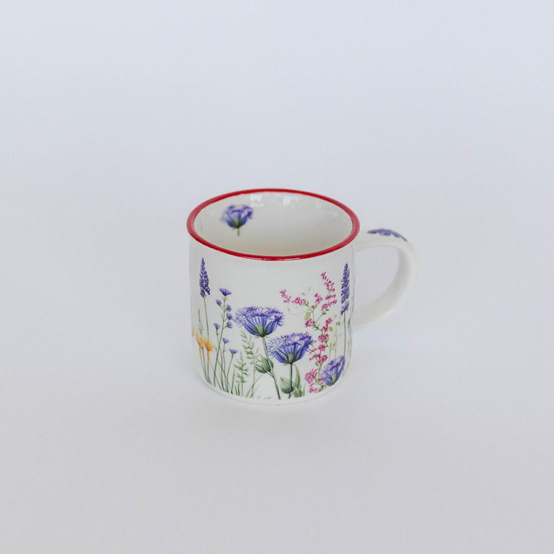 Tasse de fleurs mauves dans un champ, Rouge / mauve / blanc