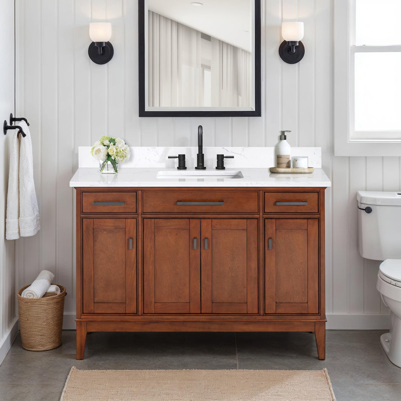 Meuble-lavabo simple 48 po avec plateau Anglet, Tabac, Blanc cala