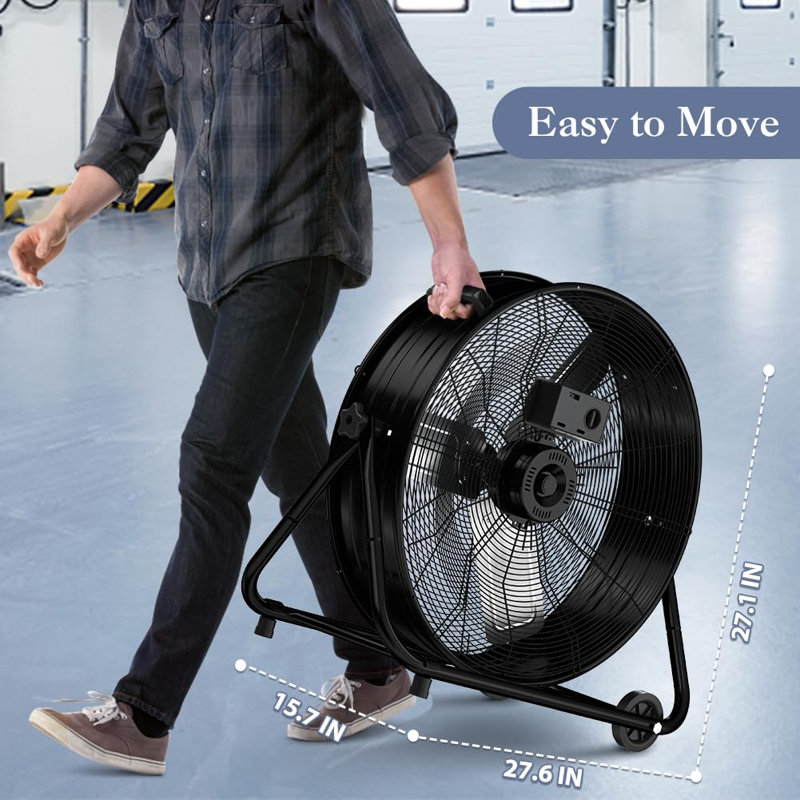 24 po Ventilateur industriel à grande vitesse à 3 vitesses avec roues et inclinaison réglable en noir, Noir