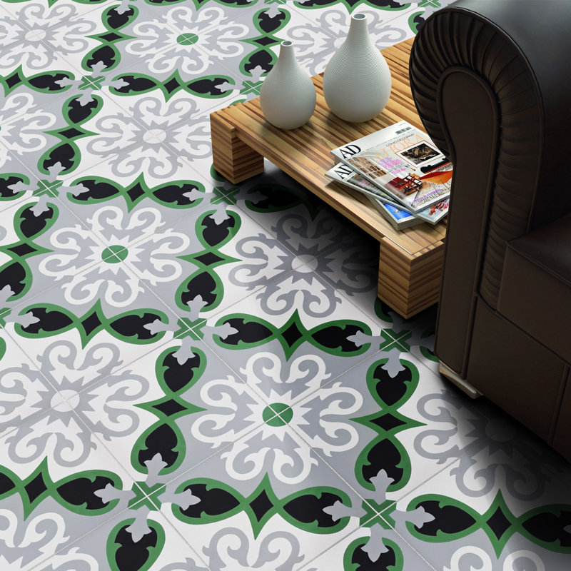 Agadir 8" x 8" Cement Patterned Wall & Floor Tile, Black/Gray/Green