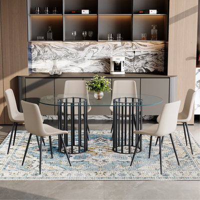 Table and chair set. 71 inch oval tempered glass dining table,double column light luxury style. Paired With 6 Warm Grey Artificial PU Chairs With Curved Widened Cushion Design.