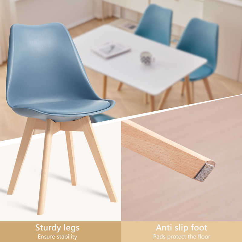 42.5cm Modern style Dining Chair, Padded Plastic Side Chair with Solid Wood Legs, Dark Blue, 6