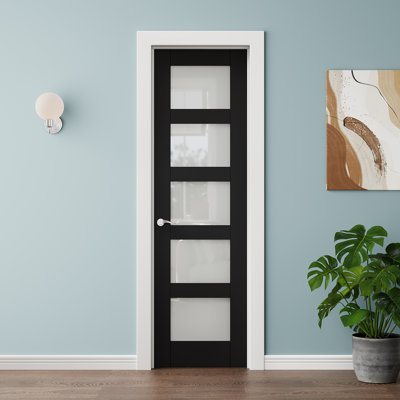 24 x 80 Black Door Slab, Frosted Glass Door Slab,5 Lite Glass with Solid Panel, Primed, Pantry Door, Bedroom door, Room Door, Closet Door