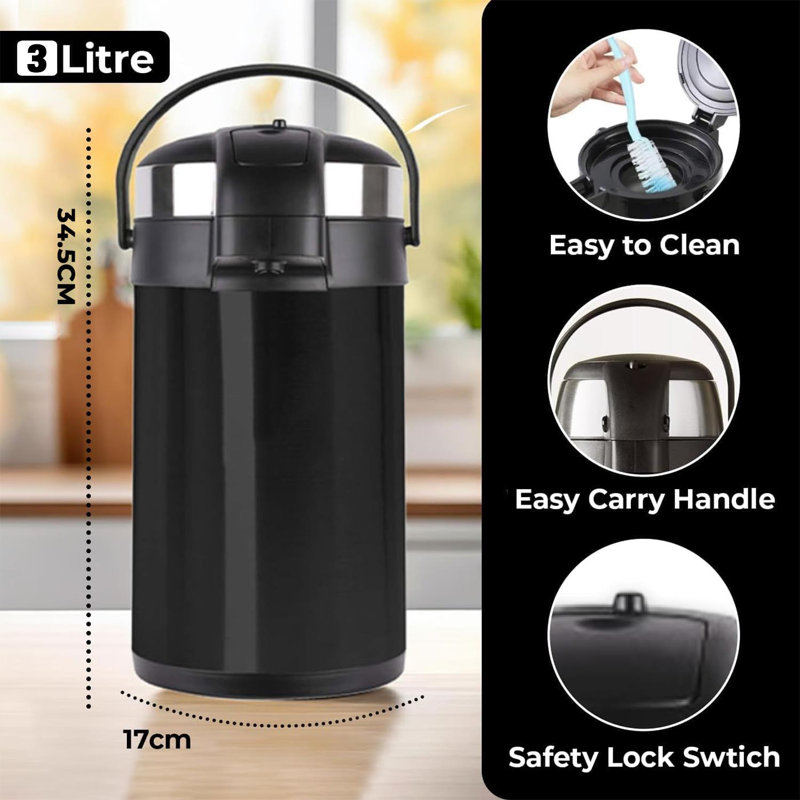 3L Vacuum Airpot Insulated Flask Stainless Steel Hot Tea Coffee Drink Thermos Jug With Pump Action Silver, Black