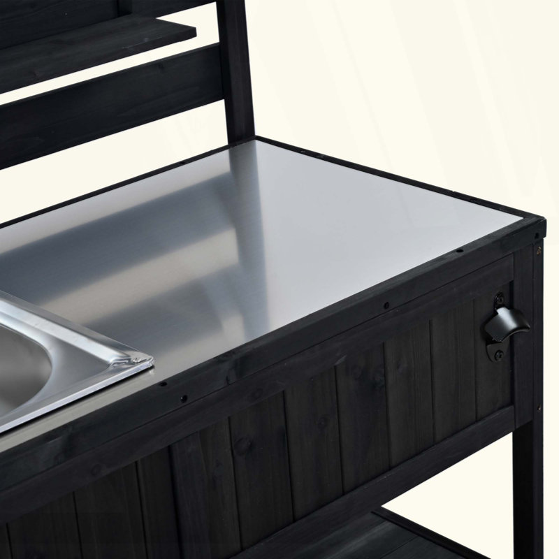 Kitchen Island Solid Wood Kitchen Cart With Sink, Garden Potting Bench With Stainless Table Top, 2 Movable Shelves And 1 Bottle Opener