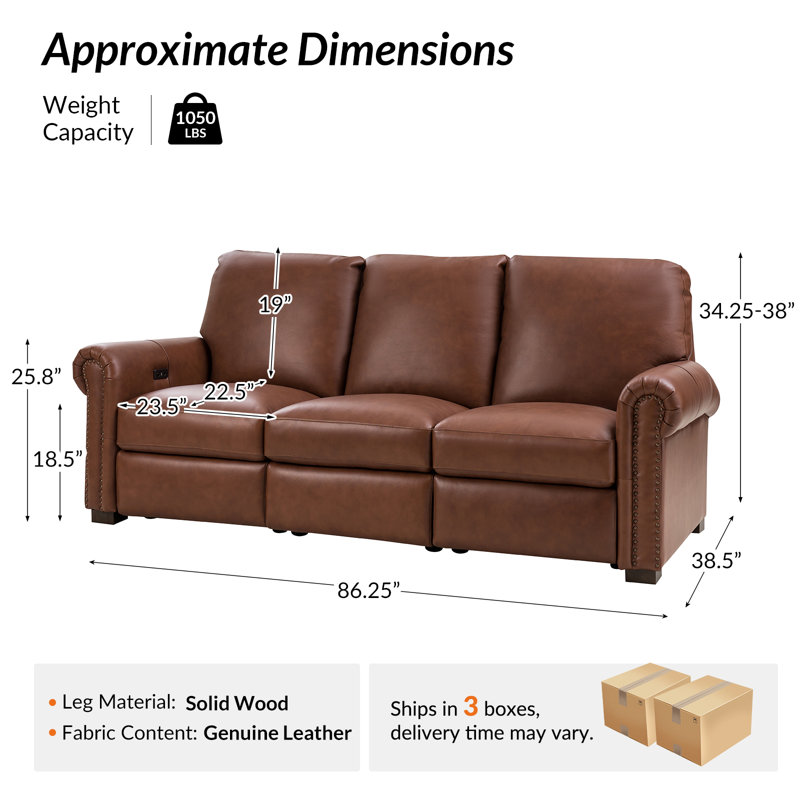 Igon 86.25" Traditional Down-Filled Genuine Leather Power Reclining Sofa, Brown