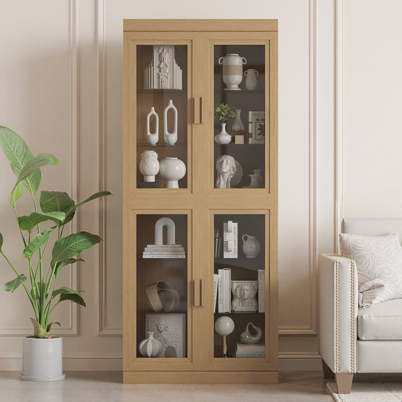 Wood Glass Door Display Cabinet China Cabinet, Natural Color