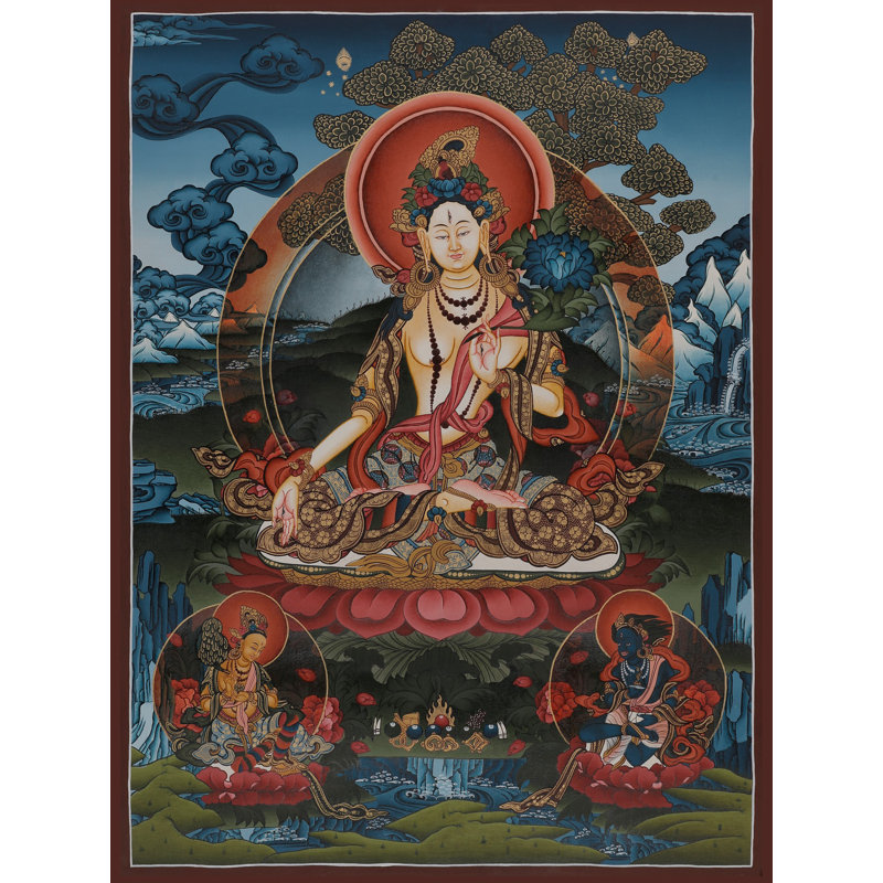 Déesse blanche Tara Brocadeless Thangka | Art mural bouddhiste tibétain peint à la main | Décoration en or 24 carats avec soin et bienveillance (22 po x 16,1 po)