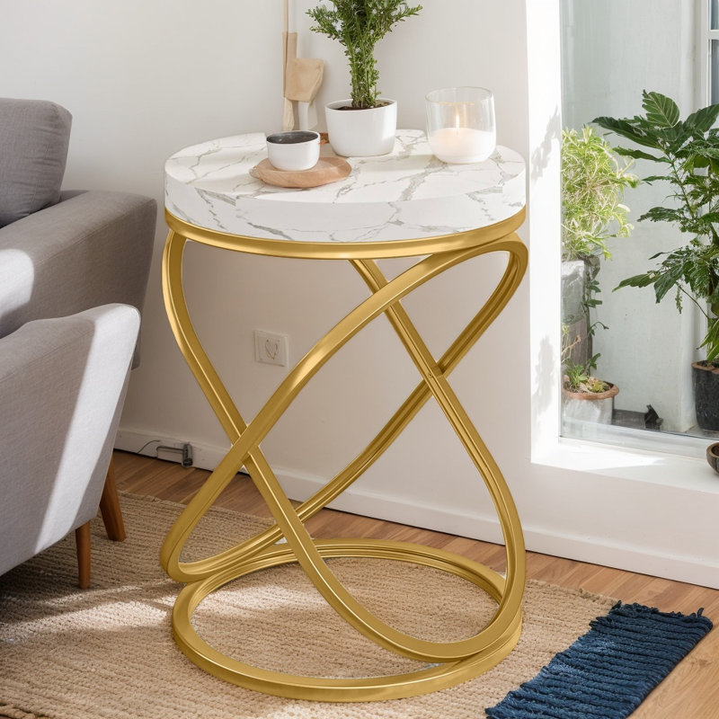 Table de bout ronde de 26 po avec plateau en faux marbre, table d'appoint haute et table de chevet pour le salon