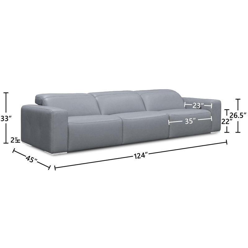 Capri 124'' Genuine Leather Square Arm Reclining Sofa, Grey (El Capitan), Stainless Steel, 33" H x 124" W x 45" D