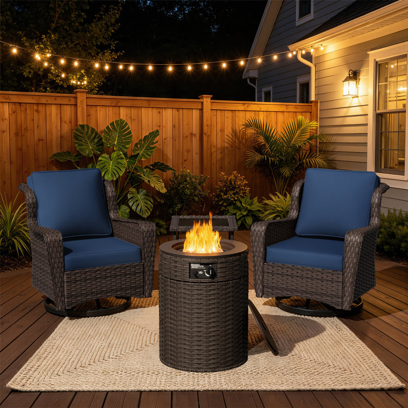4-Piece Outdoor Patio Set With Fire Pit Table, Swivel Chairs, Side Table & Blue Cushion, Blue