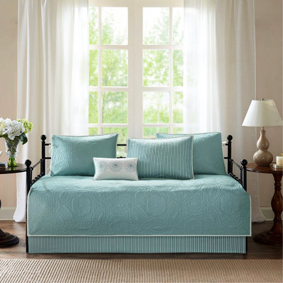 Blue Medallion Daybed Cover , 6 Piece, Twin Size, Reversible With Striped Reverse, Includes Cover, 17-Inch Drop , 3 Shams, Decorative Pillow Medallion, 6, Twin, 15-Inch Drop,