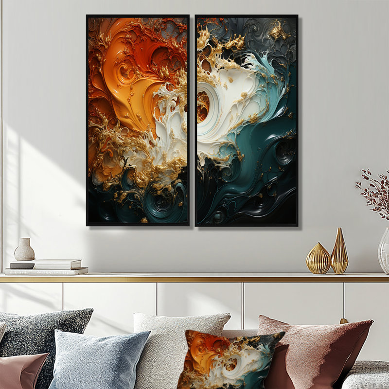 Orange et marbre émeraude lave VI - peinture murale abstraite, H 20 po x l 24 po, Impression encadrée flottante, Noir
