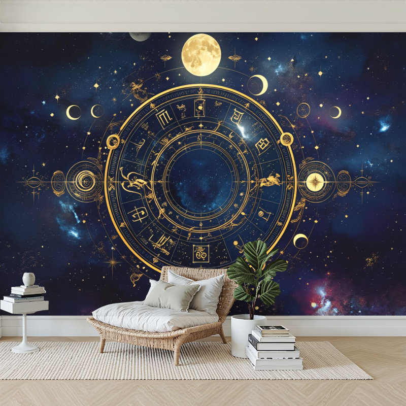 Papier peint adhésif auto-adhésif moderne l 96 po x H 69 po pour chambre à coucher Roue du zodiaque doré Nébuleuse cosmique de l'espace