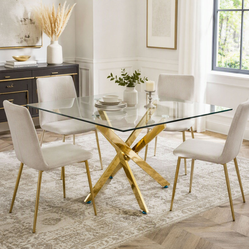 with Glass Base Dining Table, Transparent / Doré