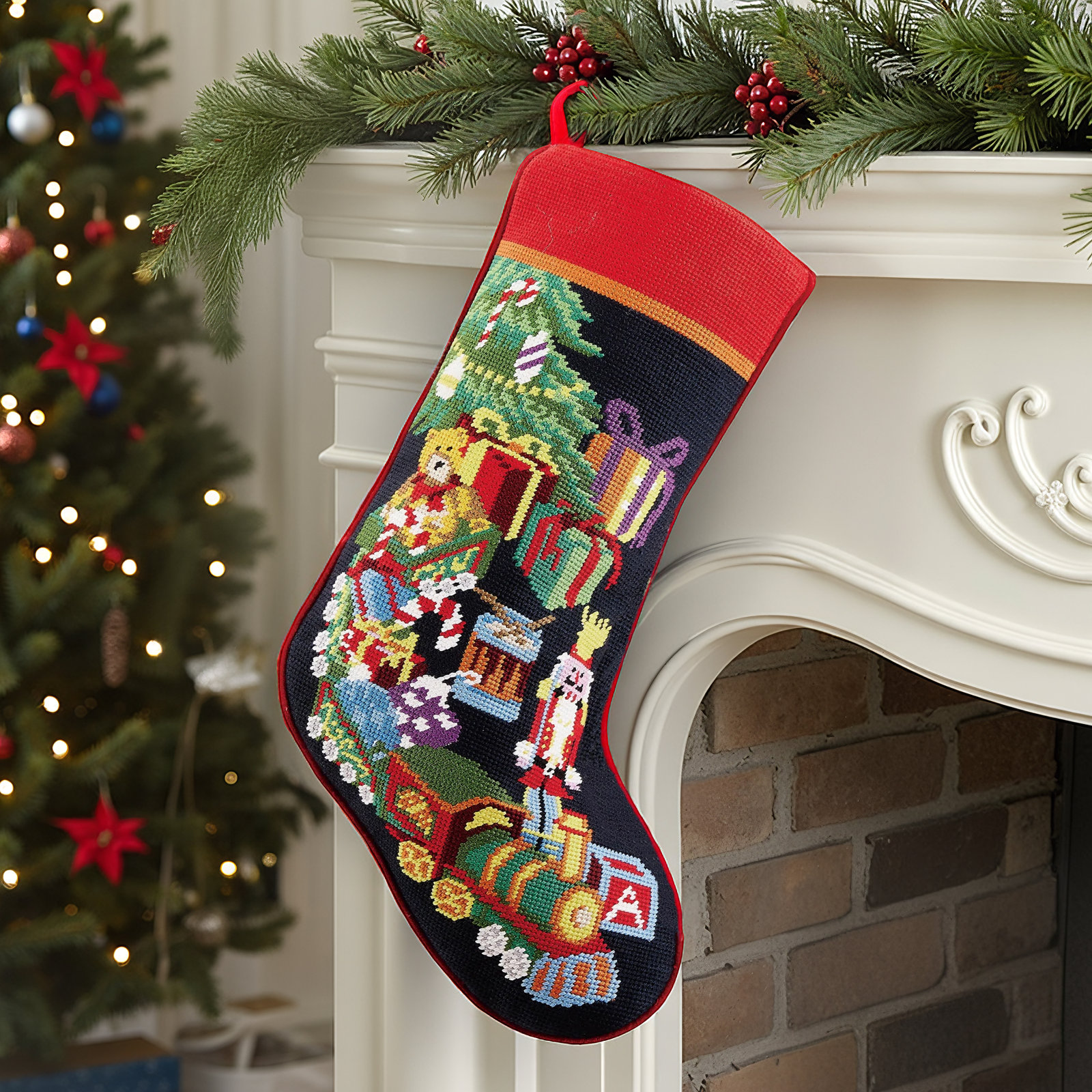 Toy Train Embroidered Needlepoint Stocking